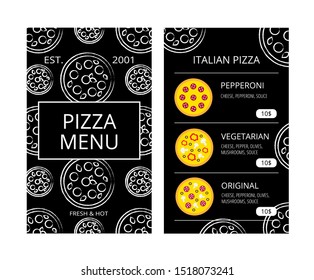 Pizza menu for cafe, restaurant, pizzeria, delivery, bakery. Retro black and white template with dishes pictures. Original vector dinning menu. Standard scaled size (8,5*14 in.)