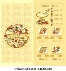Pizza Menu card. Set of cute various pizza ingredient  icons on yellow background. For pizzeria.