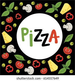 Pizza menu cartoon background with fresh ingredients: tomatoes, mushrooms, peppers, basil, olives, cheese. Vector illustration for cafe menu, logo, site, card.