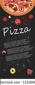 Pizza menu  chalk cartoon background with fresh ingredients vector illustration