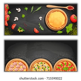 Pizza menu chalkboard cartoon background with fresh ingredients vector illustration Pizzeria flyer vector background. Two horizontal banners with ingredients text on wooden background and blackboard.