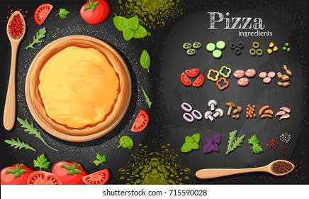 Pizza menu chalkboard cartoon background with fresh ingredients vector illustration Pizzeria flyer vector background. Two horizontal banners with ingredients text on wooden background and blackboard.