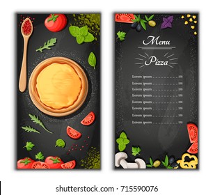 Pizza menu chalkboard cartoon background with fresh ingredients vector illustration Pizzeria flyer vector background. Two vertical banners with ingredients text on wooden background and blackboard.