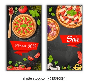 Pizza menu chalkboard cartoon background with fresh ingredients vector illustration Pizzeria flyer vector background. Two vertical banners with ingredients text on wooden background and blackboard.
