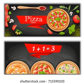 Pizza menu chalkboard cartoon background with fresh ingredients vector illustration Pizzeria flyer vector background. Two horizontal banners with ingredients text on wooden background and blackboard.
