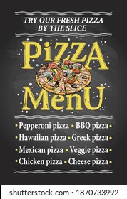 Pizza menu chalkboard display mockup with whole pizza, vector graphic illustration