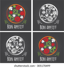 Pizza menu. cheese,  chicken, pepperoni and other ingredients tomato, basil, olive, cheese to design a menu stylized drawing with chalk. Vector
