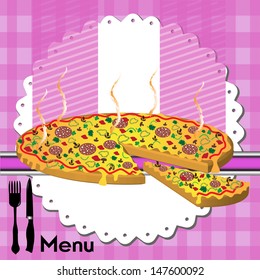 Pizza menu concept with a huge pizza, fork, knife and the word menu written with black letters