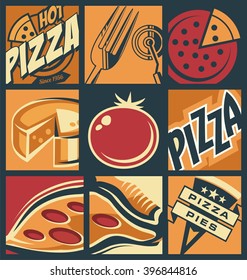 Pizza menu creative comic concept. Flat design elements set for pizzeria or restaurant. 