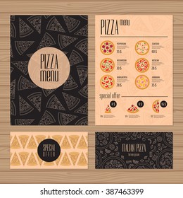 Pizza menu design. A4 size and flyer layout template. Restaurant brochure with modern line graphic. Front page and back page. Vector illustration.