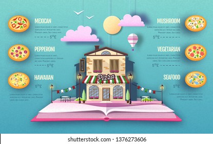 Pizza menu design. Cut out paper art style design. Origami