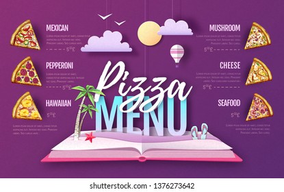 Pizza menu design. Cut out paper art style design. Origami