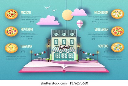 Pizza menu design. Cut out paper art style design.