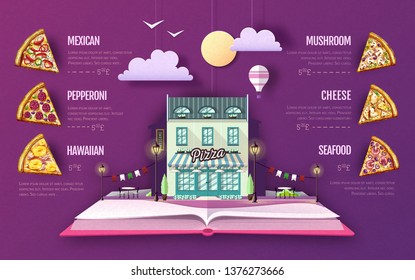 Pizza menu design. Cut out paper art style design.