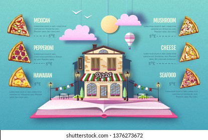 Pizza menu design. Cut out paper art style design.