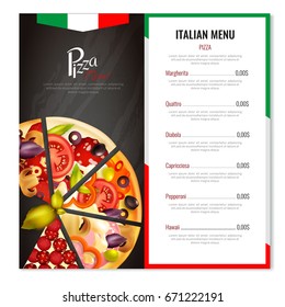 Pizza Menu Design With Realistic Images Of Pizza Slices With Italian National Symbolics And Editable Text Vector Illustration