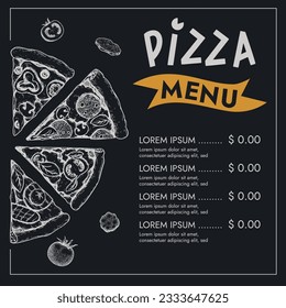 Pizza menu design template. Hand drawn sketch style elements in chalkboard style. Best for restaurant and delivery flyers, menus etc. Vector illustration.