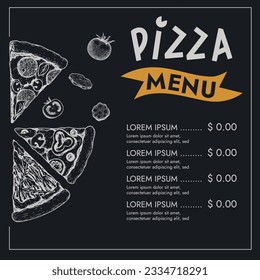 Pizza menu design template. Hand drawn sketch style elements in chalkboard style. Best for restaurant and delivery flyers, menus etc. Vector illustration.