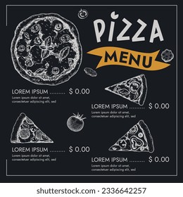 Pizza menu design template. Hand drawn sketch style elements in chalkboard style. Best for restaurant and delivery flyers, menus etc. Vector illustration.