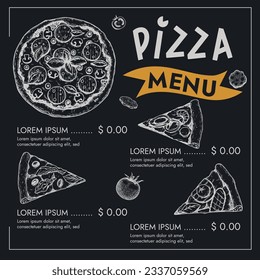 Pizza Menü Design Vorlage. Handgezeichnete Skizzenelemente im Chalkboard-Stil. Bester Platz für Gaststätte- und Lieferflyer, Menüs etc. Vektorgrafik.
