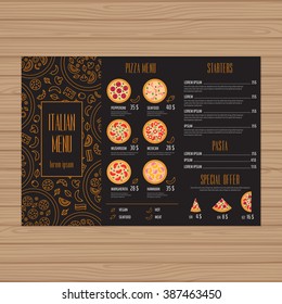 Pizza Menu Design. Tri-fold Leaflet Layout Template. Restaurant Brochure With Modern Line Graphic. Vector Illustration. 