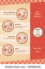 Pizza menu with different toppings and tastes