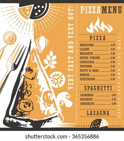 Pizza menu document layout. Pizzeria menu graphic design idea. Creative concept for restaurant menu cover with pizza slice and ingredients. 