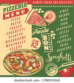 Pizza menu document template for Italian restaurant. Pizzeria menu layout with delicious pizza spaghetti and pasta.