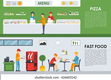 Pizza Menu and Fast Food flat concept web vector illustration. Pizzeria Bistro interior presentation.