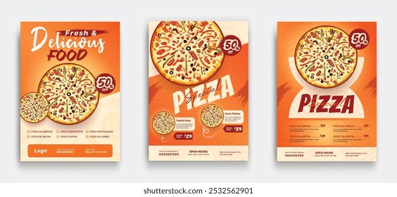 Projeto de modelo de panfleto de menu de pizza. menu de comida para pizzaria, café e restaurante