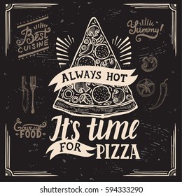 Pizza menu graphic element for restaurant and cafe. Design poster with hand-drawn elements in doodle style.