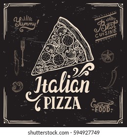 Pizza menu graphic element for restaurant and cafe. Design poster with hand-drawn elements in doodle style.