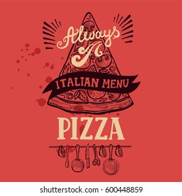Pizza menu graphic element for restaurant and cafe. Design poster with hand-drawn elements in doodle style.