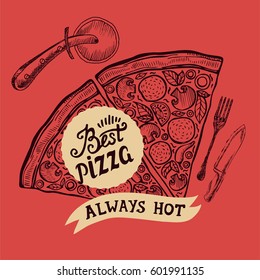 Pizza menu graphic element for restaurant and cafe. Design poster with hand-drawn elements in doodle style.