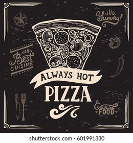 Pizza menu graphic element for restaurant and cafe. Design poster with hand-drawn elements in doodle style.