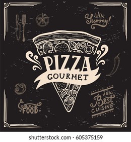 Pizza menu graphic element for restaurant and cafe. Design poster with hand-drawn elements in doodle style.