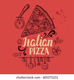 Pizza menu graphic element for restaurant and cafe. Design poster with hand-drawn elements in doodle style.