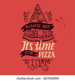 Pizza menu graphic element for restaurant and cafe. Design poster with hand-drawn elements in doodle style.