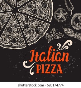 Menú pizza elemento gráfico para restaurante y cafetería. Cartel de diseño con elementos dibujados a mano en estilo doodle.