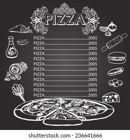 Pizza menu hand drawn on chalkboard