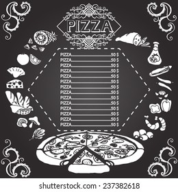 Pizza menu hand drawn on chalkboard
