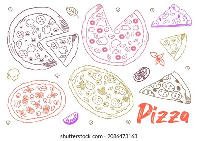 Pizza menu. Hand drawn pizza . Set of vector illustrations whole pizza and slice. Vector background with pizza