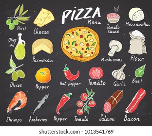 Pizza menu hand drawn sketch set. Pizza preparation design template with cheese, olives, salami, mushrooms, tomatoes, flour and other ingredients. vector illustration on chalkboard background.