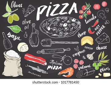 Pizza menu hand drawn sketch set. Pizza preparation design template with cheese, olives, salami, mushrooms, tomatoes, flour and other ingredients. vector illustration on chalkboard background.