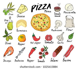 Pizza menu hand drawn sketch set. Pizza preparation design template with cheese, olives, salami, mushrooms, tomatoes, flour and other ingredients. vector illustration isolated on white background.