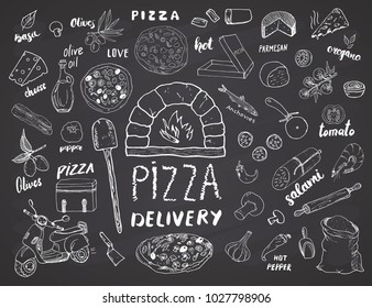 Pizza menu hand drawn sketch set. Pizza preparation and delivery doodles with flour and other food ingredients, oven and kitchen tools, scooter, pizza box design template. Vector illustration.