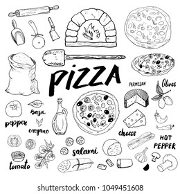 Pizza menu hand drawn sketch set. Pizza preparation design template with cheese, olives, salami, mushrooms, tomatoes, flour and other ingredients. vector illustration isolated on white background.