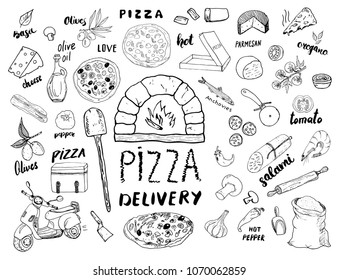 Pizza menu hand drawn sketch set. Pizza preparation and delivery doodles with flour and other food ingredients, oven and kitchen tools, scooter, pizza box design template. Vector illustration.