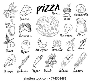 Pizza menu hand drawn sketch set. Pizza preparation design template with cheese, olives, salami, mushrooms, tomatoes, flour and other ingredients. vector illustration isolated on white background.