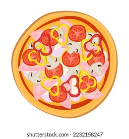 Pizza from menu isolated on background. Pizza with tomato sauce and juicy stuffing ingredients for pizzeria dish card. Vector illustration